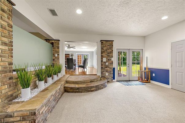 Fireplace, Interior, Recessed Lighting, Stone Walls