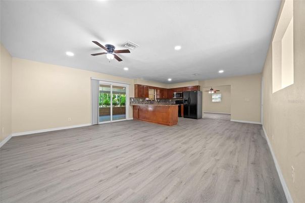 Empty room, Interior, Kitchen, Recessed Lighting, Wood Texture Flooring