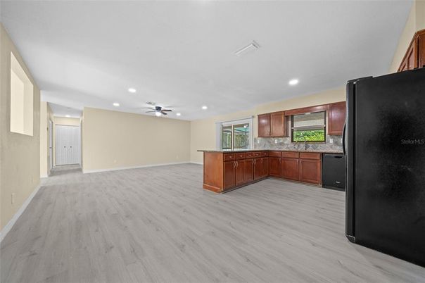 Empty room, Interior, Kitchen, Recessed Lighting, Wood Texture Flooring