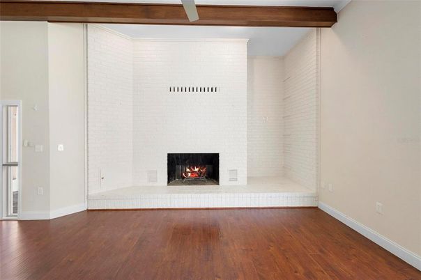 Empty room, Fireplace, Interior, Wooden Beams, Wood Texture Flooring