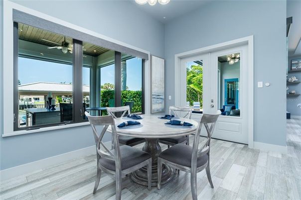 Dining room, Interior, Recessed Lighting, Wood Texture Flooring