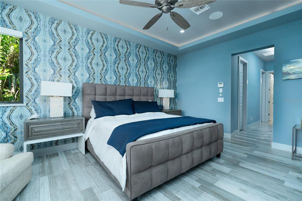 Bedroom, Interior, Recessed Lighting, Wood Texture Flooring
