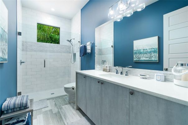 Bathroom, Interior, Recessed Lighting, Wood Texture Flooring
