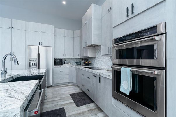 Interior, Kitchen, Recessed Lighting, Stainless Steel Appliances, Wood Texture Flooring