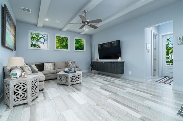 Interior, Living room, Recessed Lighting, Wood Texture Flooring