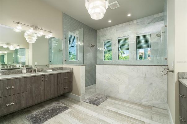 Bathroom, Glass Shower, Interior, Marble Walls, Recessed Lighting, Wood Texture Flooring