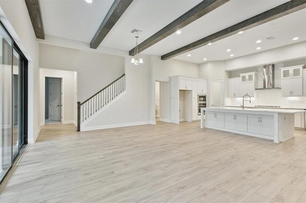 Interior, Kitchen, Pendant Lights, Recessed Lighting, Stainless Steel Appliances, Wooden Beams, Wood Texture Flooring