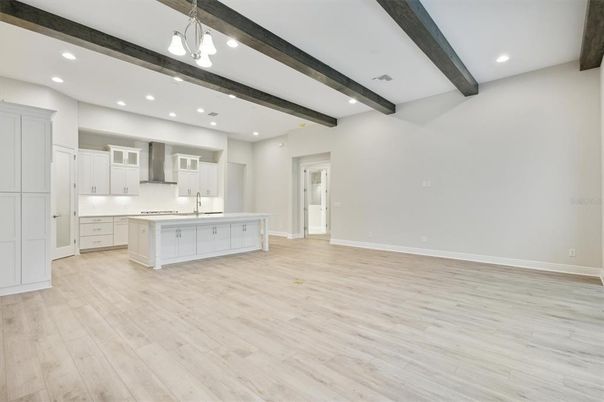 Interior, Kitchen, Pendant Lights, Recessed Lighting, Wooden Beams, Wood Texture Flooring