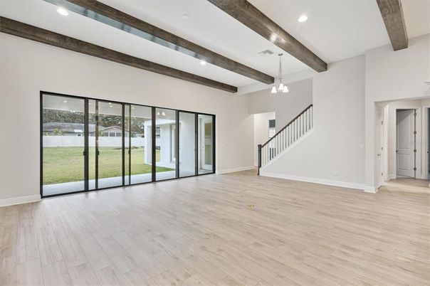 Empty room, Interior, Pendant Lights, Recessed Lighting, Wooden Beams, Wood Texture Flooring
