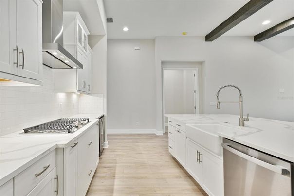 Interior, Kitchen, Recessed Lighting, Stainless Steel Appliances, Wooden Beams, Wood Texture Flooring