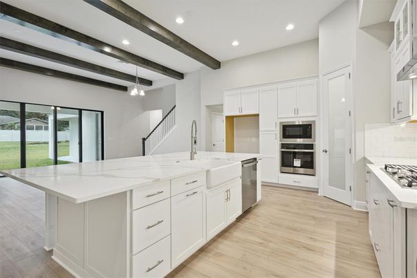 Interior, Kitchen, Pendant Lights, Recessed Lighting, Stainless Steel Appliances, Wooden Beams, Wood Texture Flooring