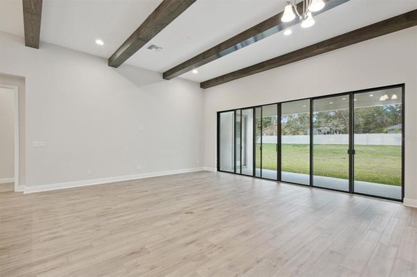 Empty room, Interior, Recessed Lighting, Wooden Beams, Wood Texture Flooring