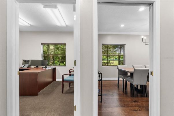 Home Office, Interior, Recessed Lighting, Wood Texture Flooring