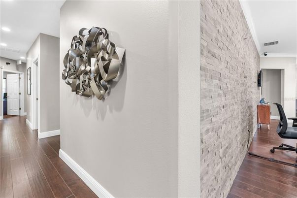 Interior, Recessed Lighting, Stone Walls, Wood Texture Flooring