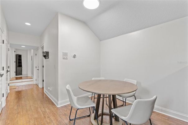 Dining room, Interior, Recessed Lighting, Wood Texture Flooring