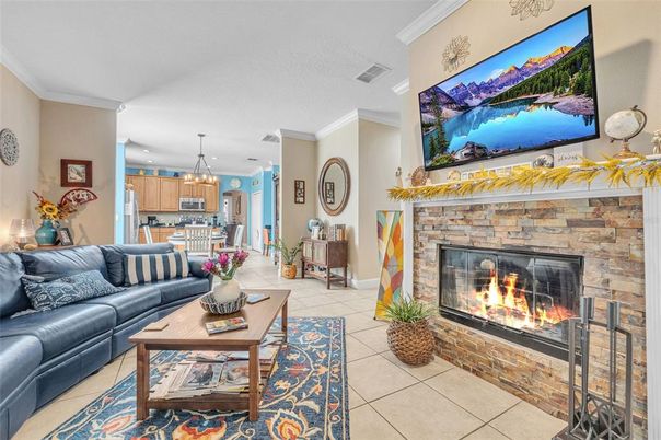 Dining room, Fireplace, Interior, Kitchen, Living room, Pendant Lights, Recessed Lighting