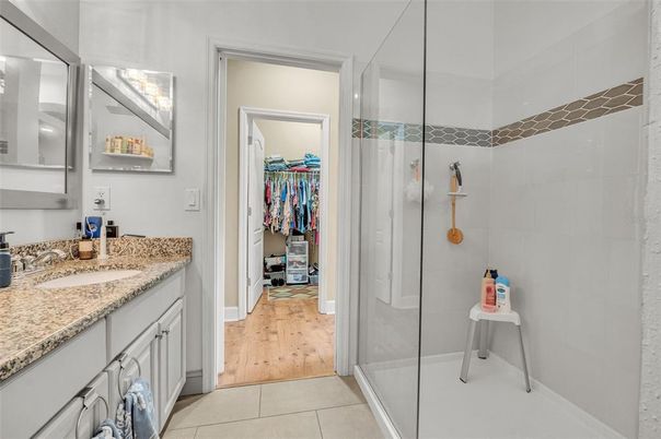 Bathroom, Glass Shower, Interior, Wood Texture Flooring
