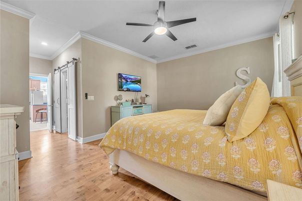 Bedroom, Interior, Recessed Lighting, Wood Texture Flooring