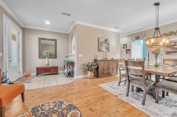 Dining room, Interior, Pendant Lights, Recessed Lighting, Wood Texture Flooring