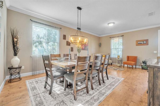 Chandelier, Dining room, Interior, Pendant Lights, Wood Texture Flooring