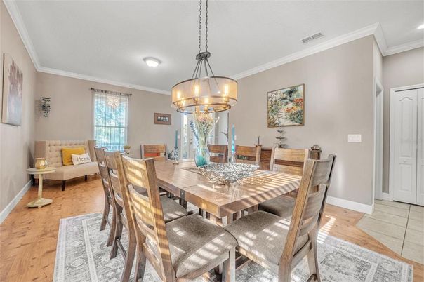 Chandelier, Dining room, Interior, Pendant Lights, Wood Texture Flooring