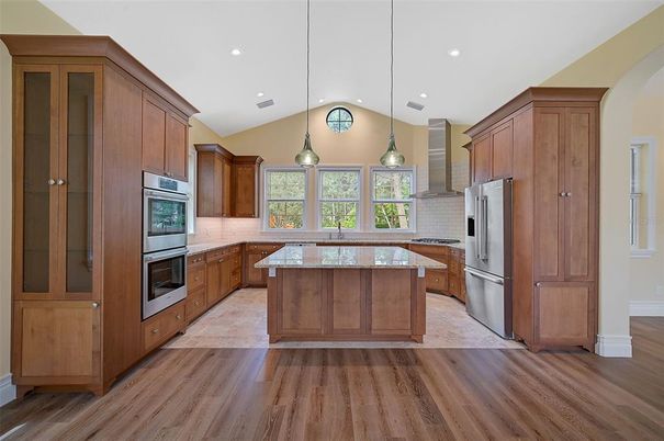 Interior, Kitchen, Pendant Lights, Recessed Lighting, Stainless Steel Appliances, Wood Texture Flooring