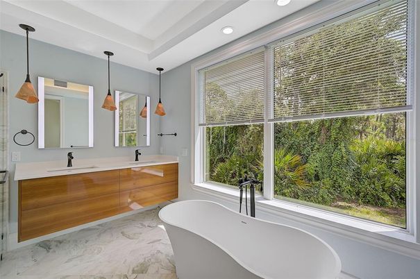 Bathroom, Dual Sink Vanities, Free Standing Baths, Interior, Marble, Pendant Lights, Recessed Lighting
