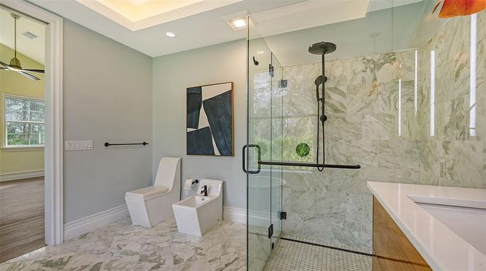 Bathroom, Glass Shower, Interior, Marble, Marble Walls, Recessed Lighting