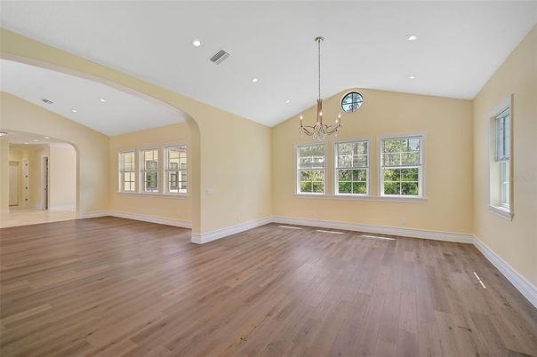 Chandelier, Empty room, Interior, Recessed Lighting, Wood Texture Flooring