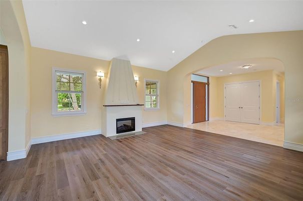 Empty room, Fireplace, Interior, Recessed Lighting, Wood Texture Flooring