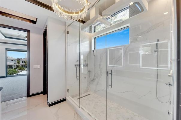 Bathroom, Chandelier, Glass Shower, Interior, Marble, Marble Walls