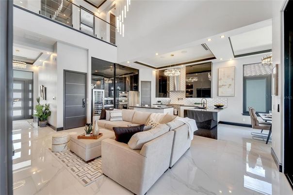 Chandelier, Dining room, Interior, Kitchen, Living room, Marble, Pendant Lights, Recessed Lighting