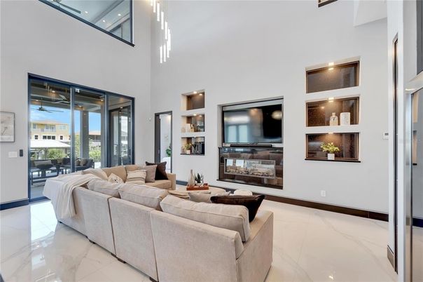 Fireplace, Interior, Living room, Marble, Recessed Lighting