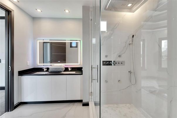 Bathroom, Glass Shower, Interior, Marble, Marble Walls, Recessed Lighting