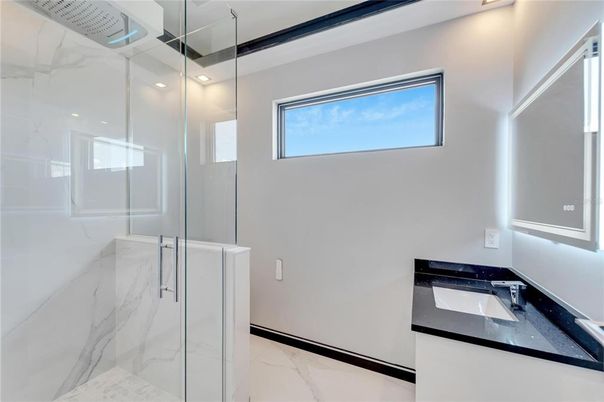 Bathroom, Glass Shower, Interior, Marble, Marble Walls, Recessed Lighting
