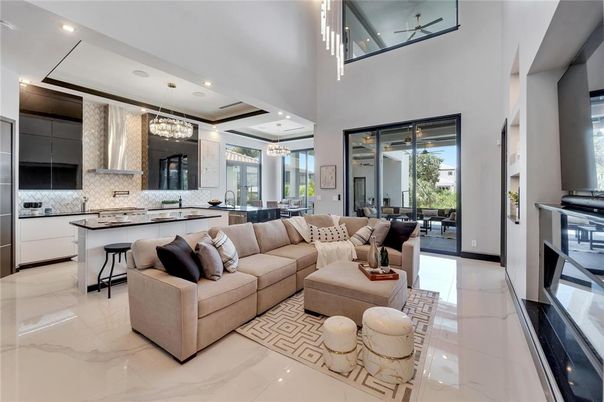 Chandelier, Interior, Kitchen, Living room, Marble, Recessed Lighting, Stainless Steel Appliances