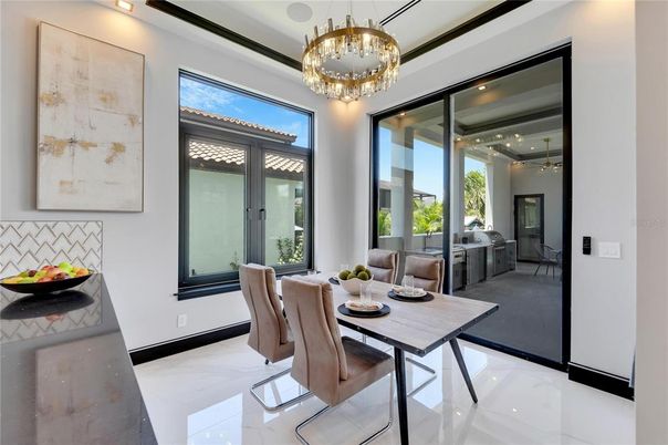 Dining room, Interior, Marble, Pendant Lights