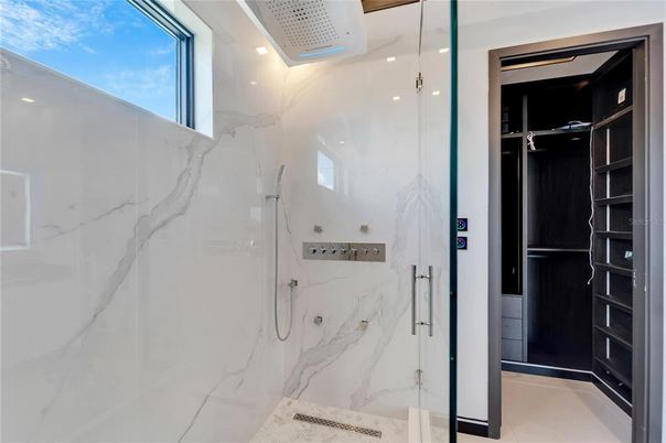 Bathroom, Glass Shower, Interior, Marble Walls, Recessed Lighting