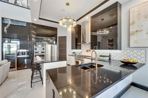 Interior, Kitchen, Marble, Pendant Lights, Recessed Lighting, Stainless Steel Appliances