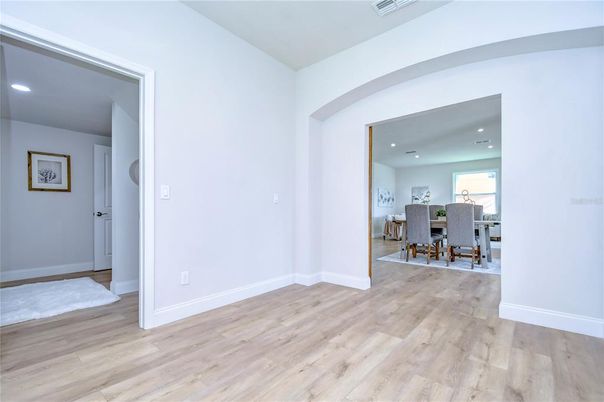 Dining room, Interior, Recessed Lighting, Wood Texture Flooring