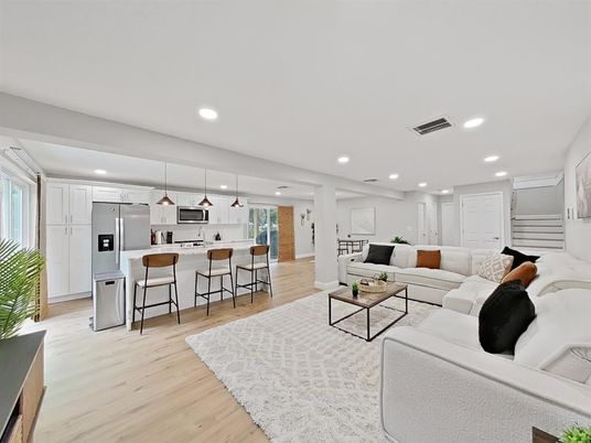 Interior, Kitchen, Living room, Pendant Lights, Recessed Lighting, Stainless Steel Appliances, Wood Texture Flooring