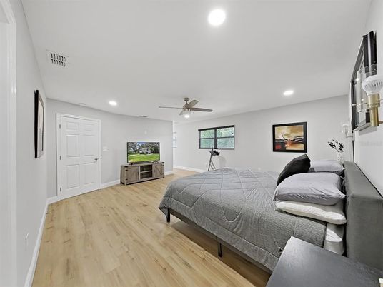 Bedroom, Interior, Recessed Lighting, Wood Texture Flooring