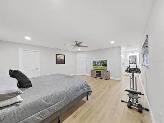 Bedroom, Interior, Recessed Lighting, Wood Texture Flooring