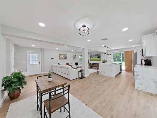 Dining room, Interior, Kitchen, Living room, Pendant Lights, Recessed Lighting, Wood Texture Flooring