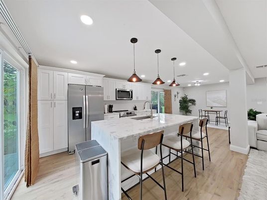 Interior, Kitchen, Pendant Lights, Recessed Lighting, Stainless Steel Appliances, Wood Texture Flooring