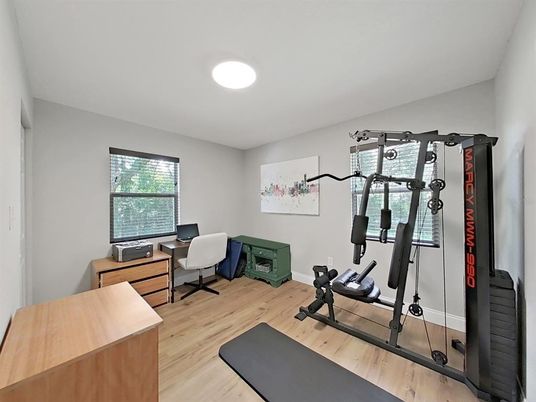 Fitness Equipment, Home Office, Interior, Recessed Lighting, Wood Texture Flooring