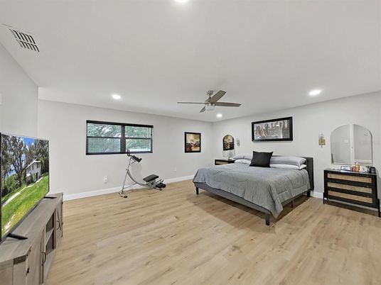 Bedroom, Interior, Recessed Lighting, Wood Texture Flooring