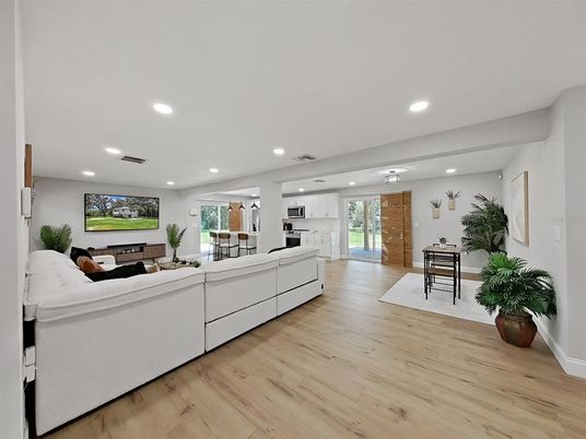 Dining room, Interior, Kitchen, Living room, Recessed Lighting, Wood Texture Flooring