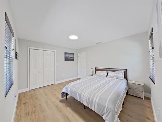 Bedroom, Interior, Recessed Lighting, Wood Texture Flooring