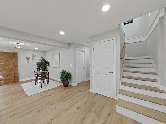 Dining room, Interior, Recessed Lighting, Wood Texture Flooring